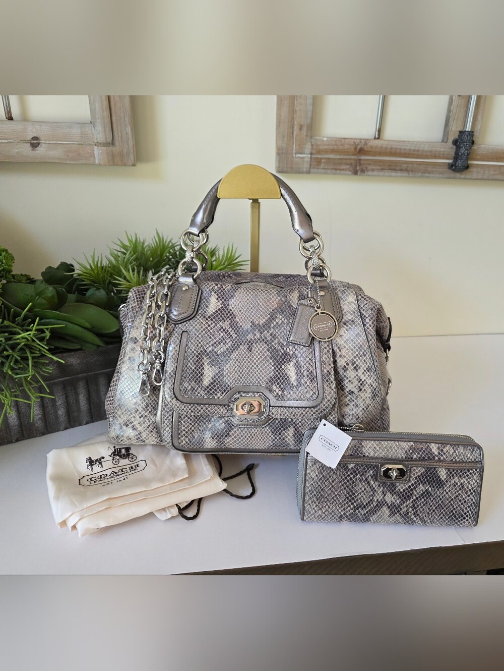 Coach Campbell  Embossed Leather Large Satchel Wallet Set Neutral Snakeskin